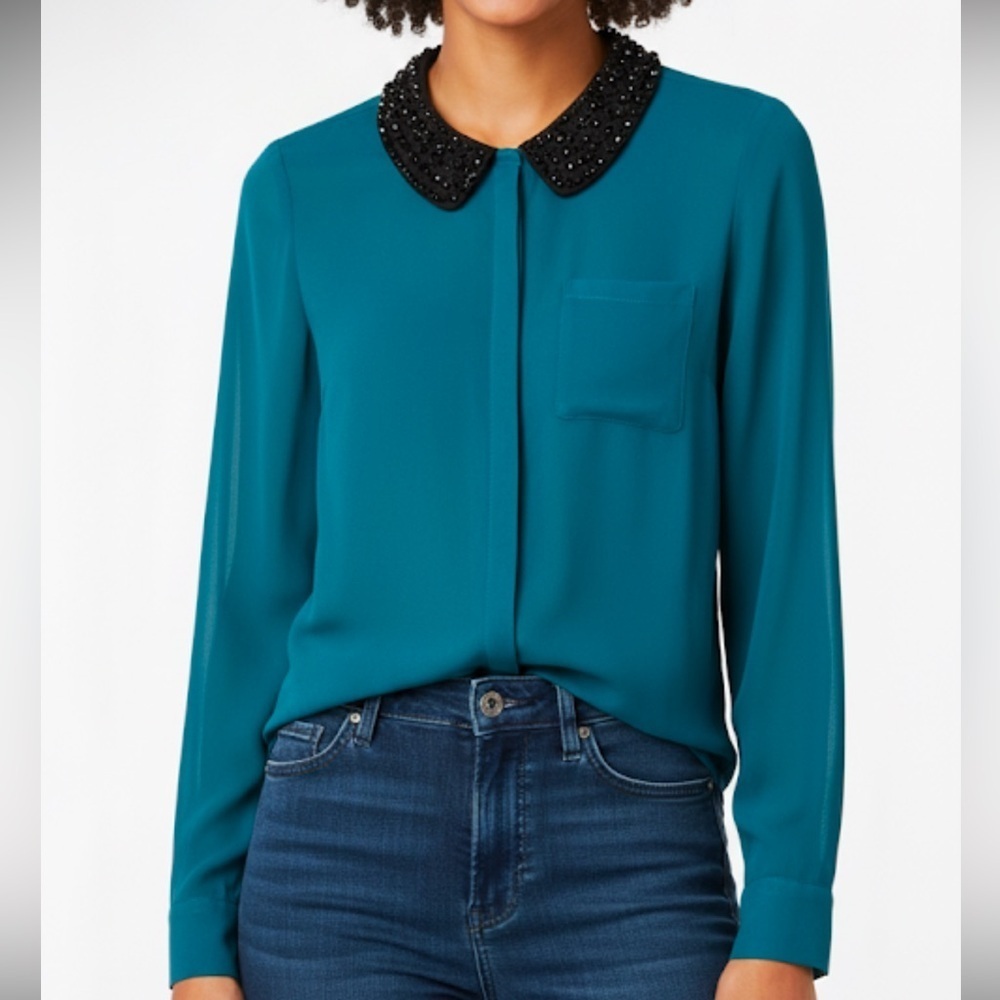 Kensie Teal Blouse with Black Beaded Collar